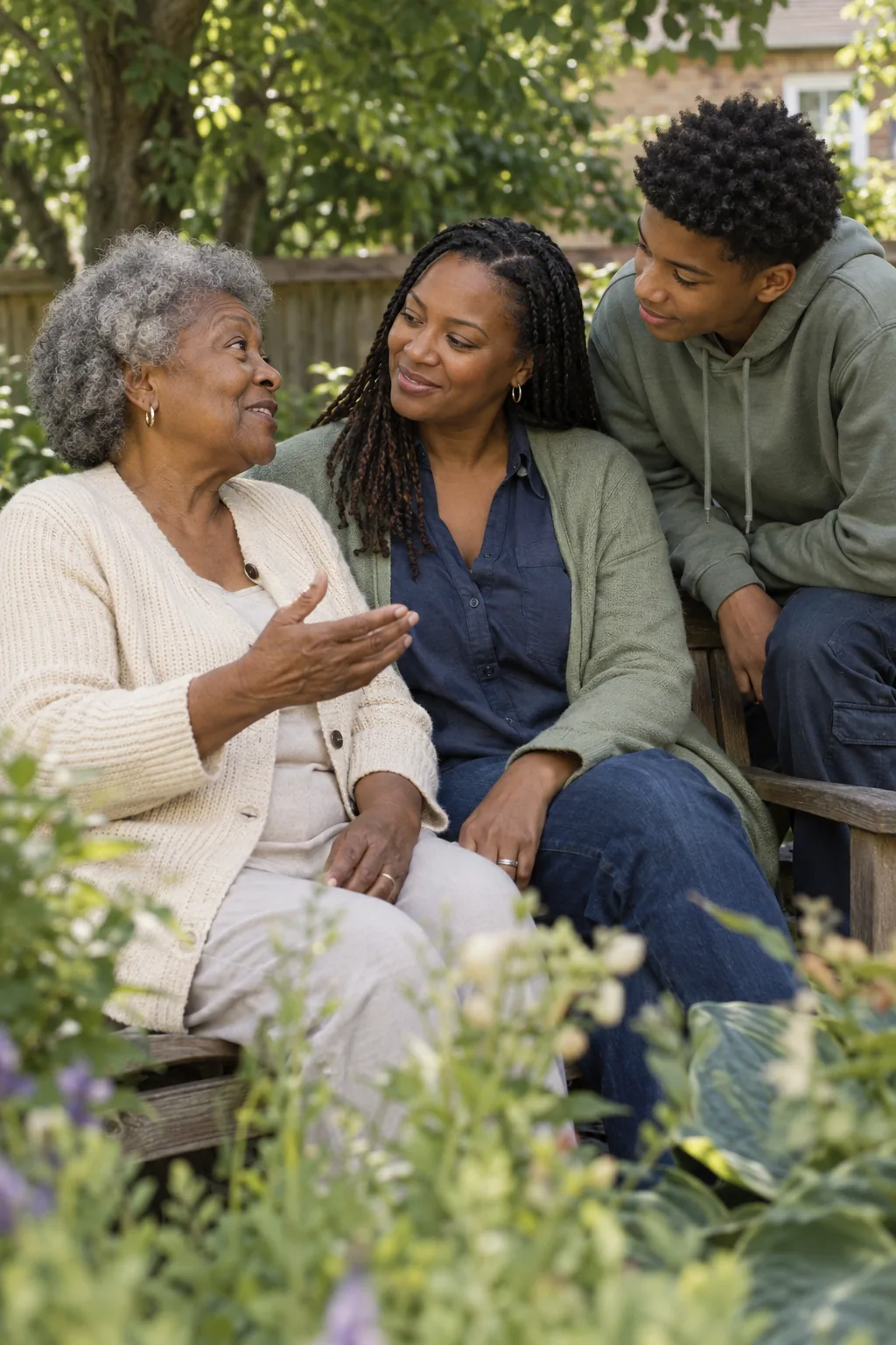 Three generations of a Black family sharing time in a neighbourhood garden