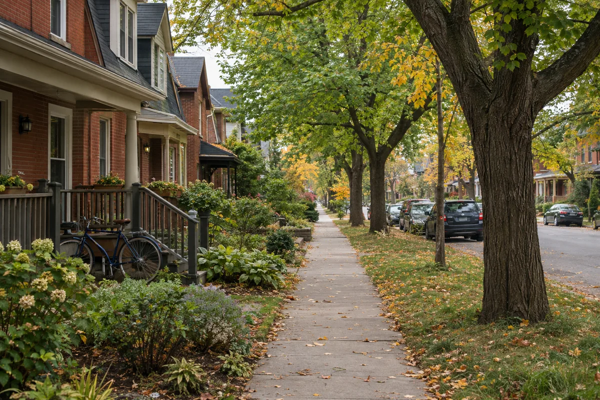 Illustrative view of a leafy residential neighbourhood inspired by Ottawa