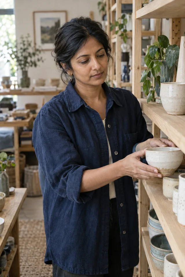 An independent shop owner arranging handmade ceramics on a shelf