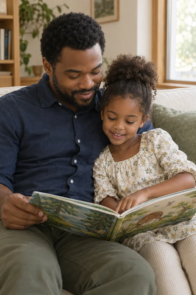 A father and young daughter reading together on a sofa at home