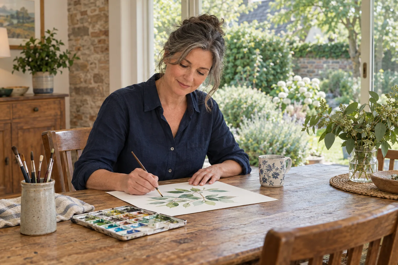 A woman painting watercolours at a table overlooking her garden