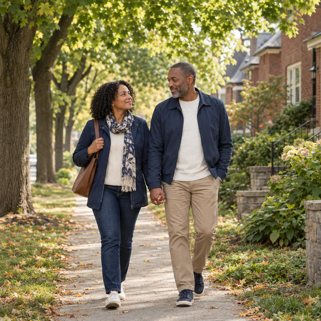 A couple walking beneath mature trees in a residential neighbourhood