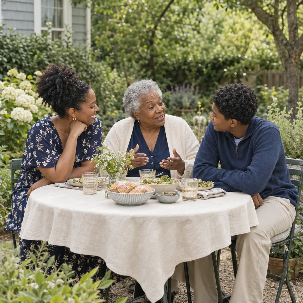 Three generations sharing a meal in a family garden