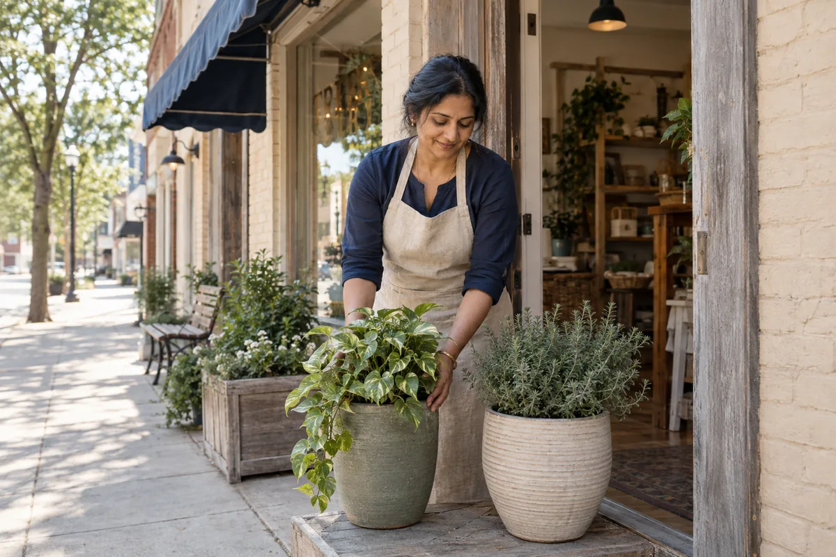 An independent shop owner arranging plants outside a brick storefront