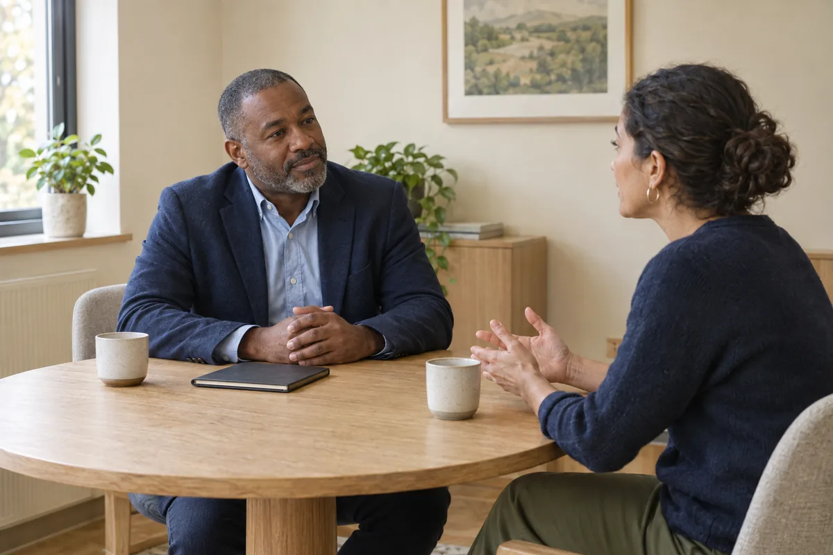 Illustrative meeting with a professional listening to a client
