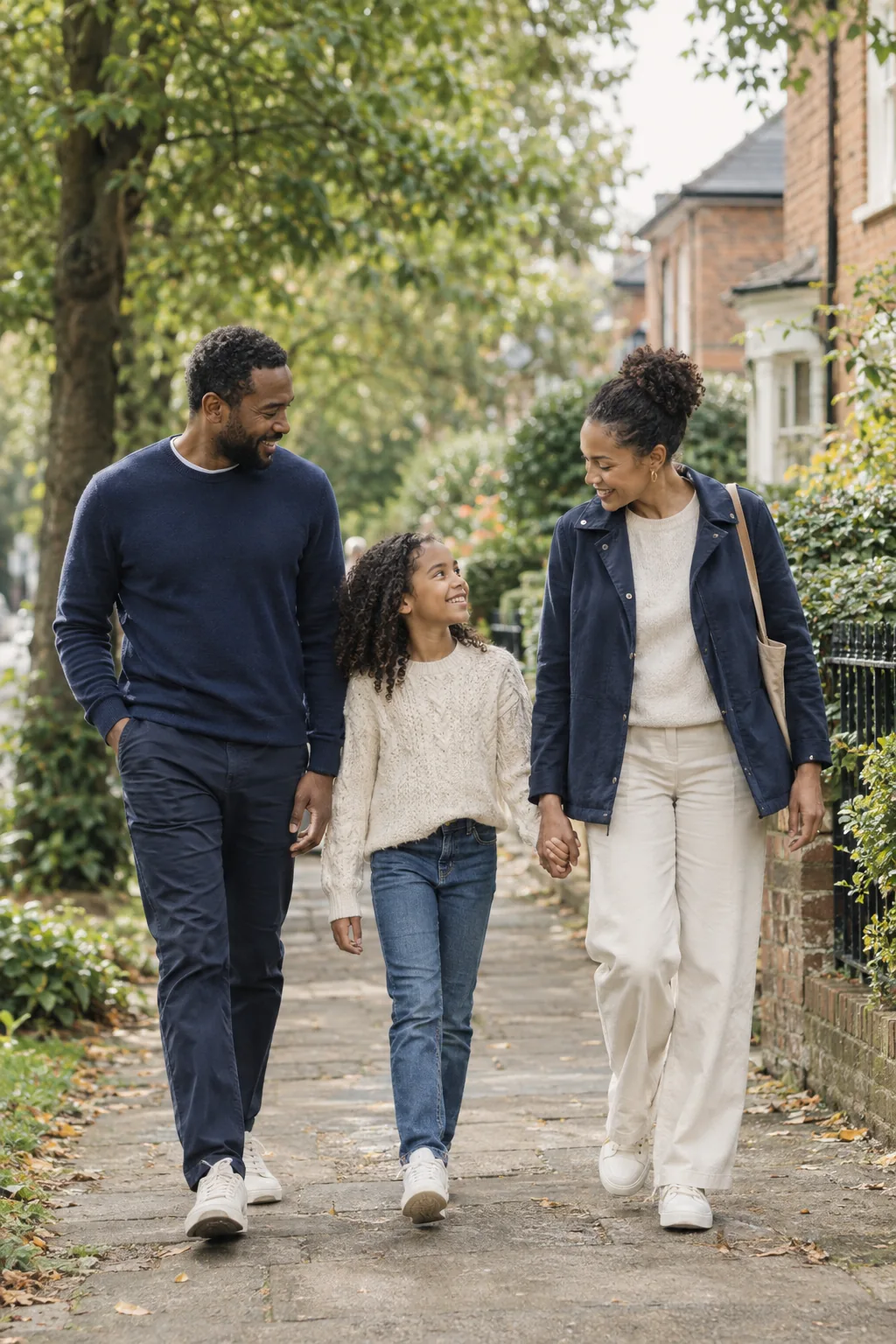 Parents and their daughter walking along a leafy neighbourhood path