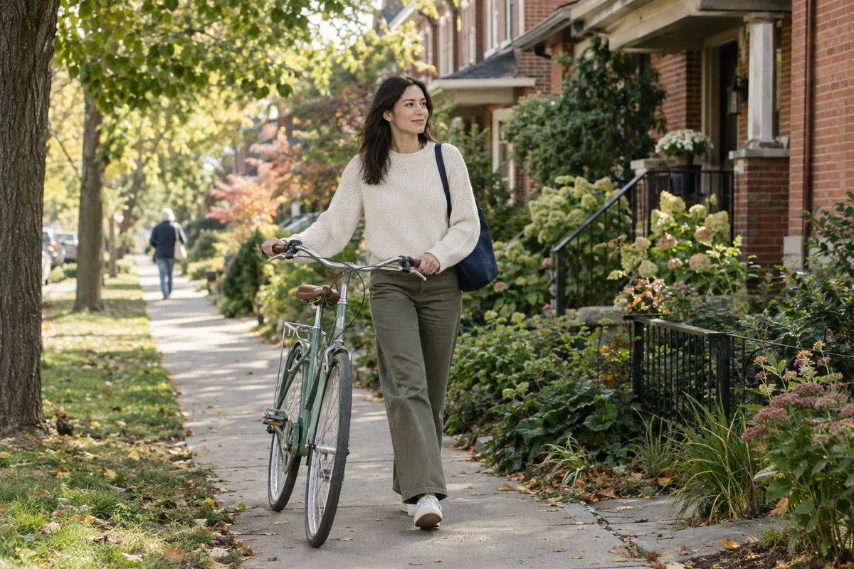 A cyclist walking a bicycle along a tree-lined residential street