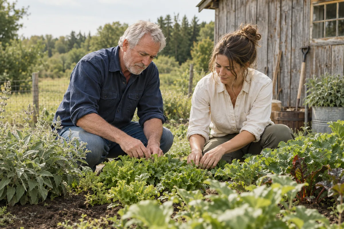 Two generations tending a small market garden together