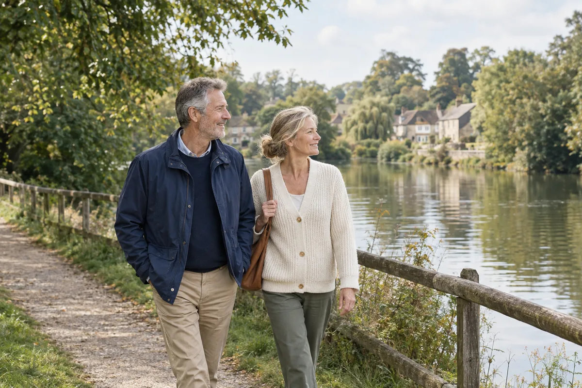A couple taking a quiet walk beside a tree-lined river