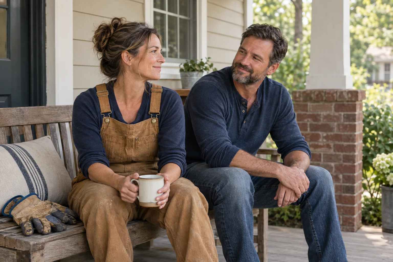 A tradesperson and partner relaxing on their porch after work