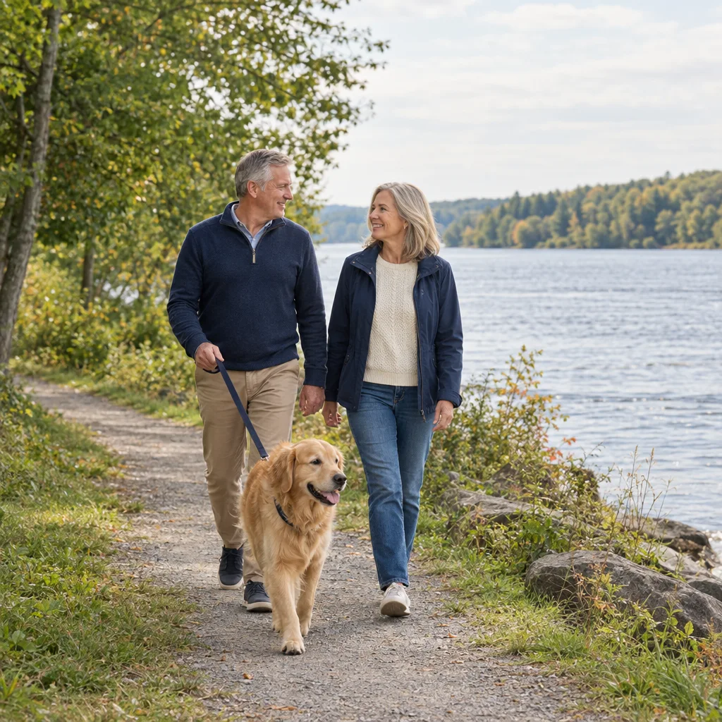A couple walking their dog along an Ottawa Valley-inspired riverside trail