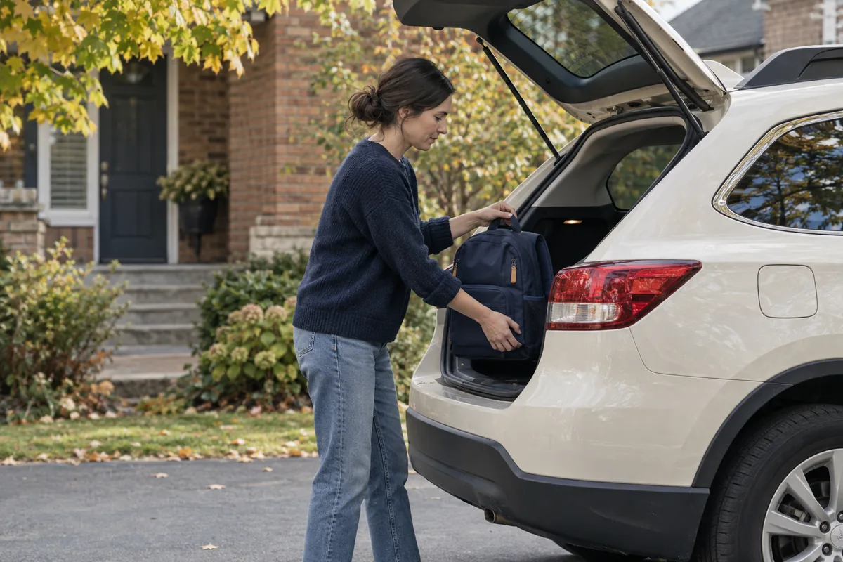 A parent placing a child’s backpack in the open rear of a family car