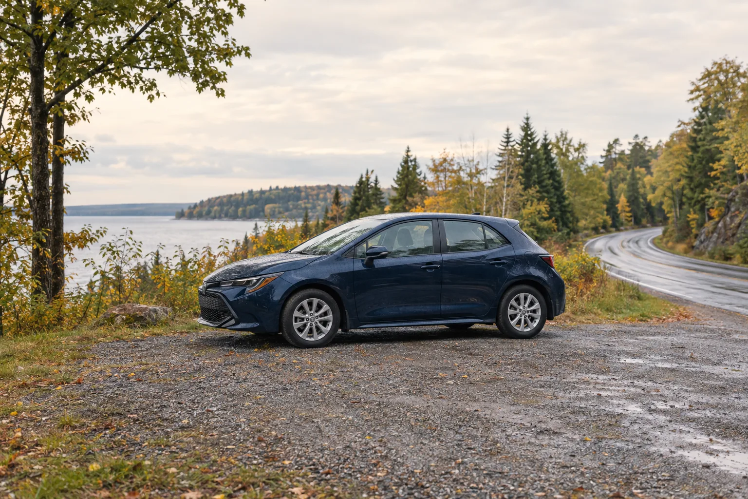 A navy compact car parked beside a wooded lakeside road in Ontario