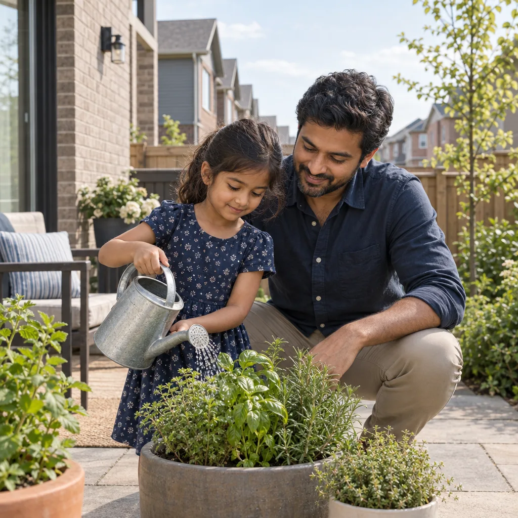 A father and daughter watering herbs on their patio