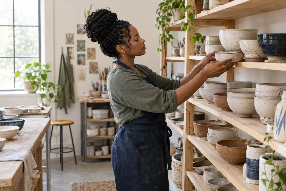 A small business owner arranging ceramics in her workshop