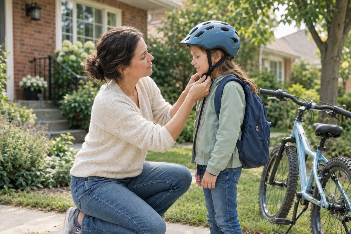 A parent helping a child fasten a bicycle helmet beside their home