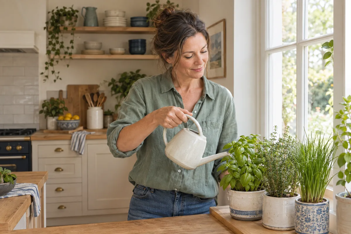 A woman watering herbs beside a bright kitchen window