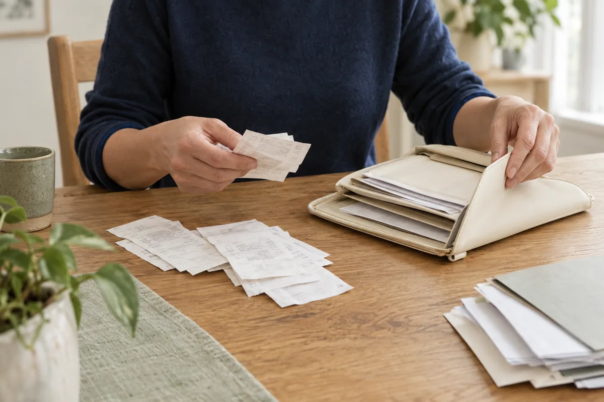 A person organizing household records at a dining table