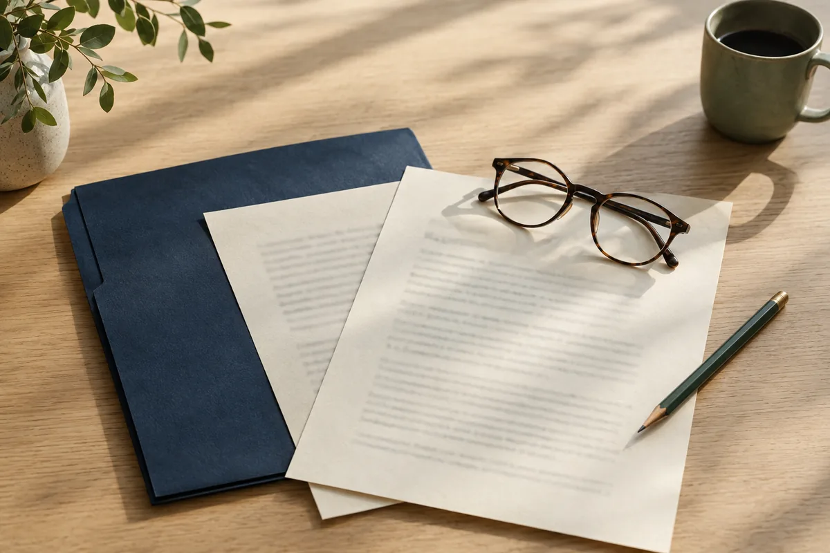Reading glasses and a pencil beside policy papers on an oak table
