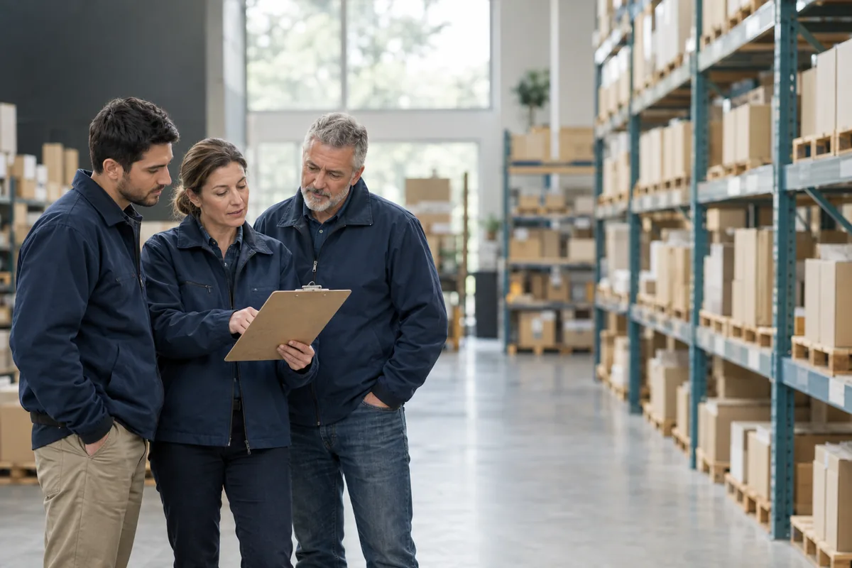 A small distribution team planning the day beside stocked warehouse shelves