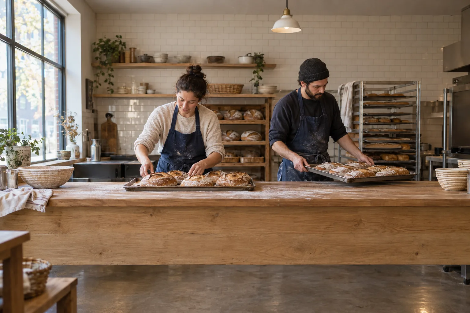 An independent bakery owner and colleague preparing bread before opening