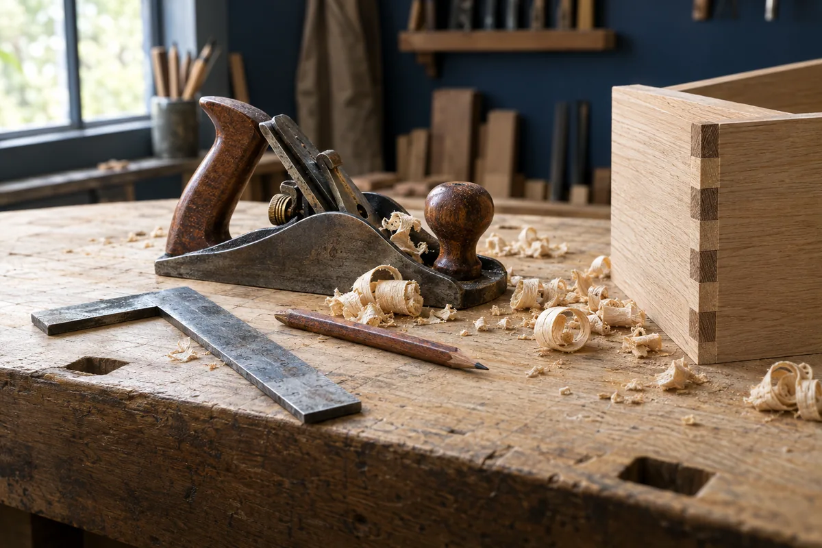 A hand plane and measuring tools beside an unfinished cabinet joint on a workbench