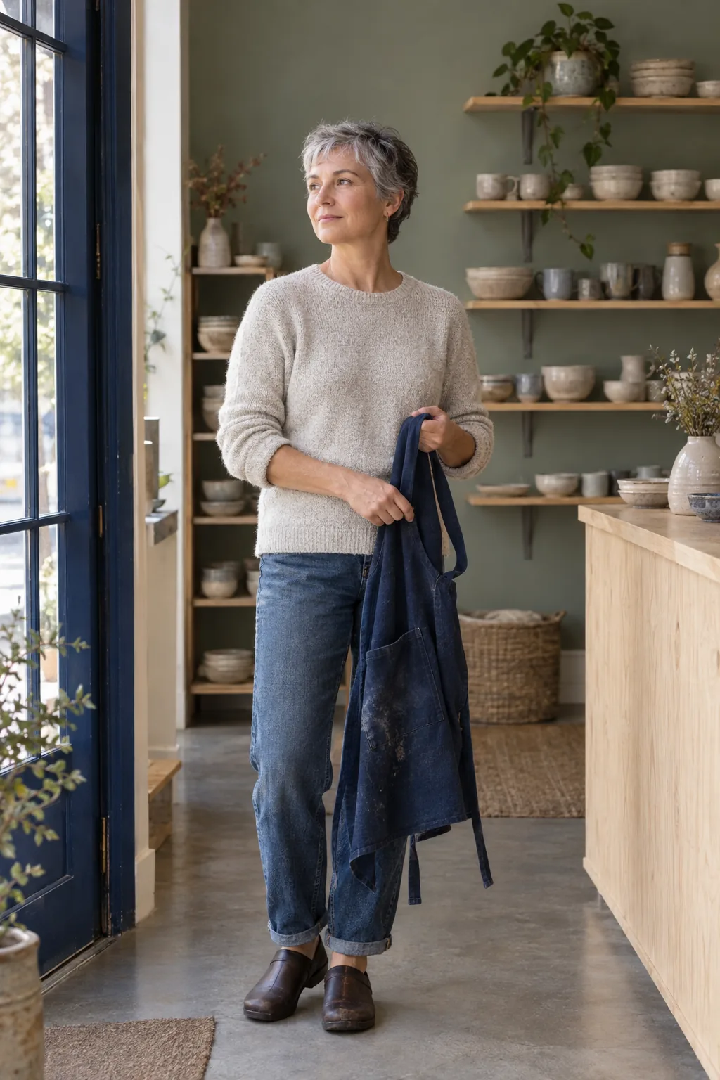 A pottery studio owner taking off her apron beside shelves of ceramics