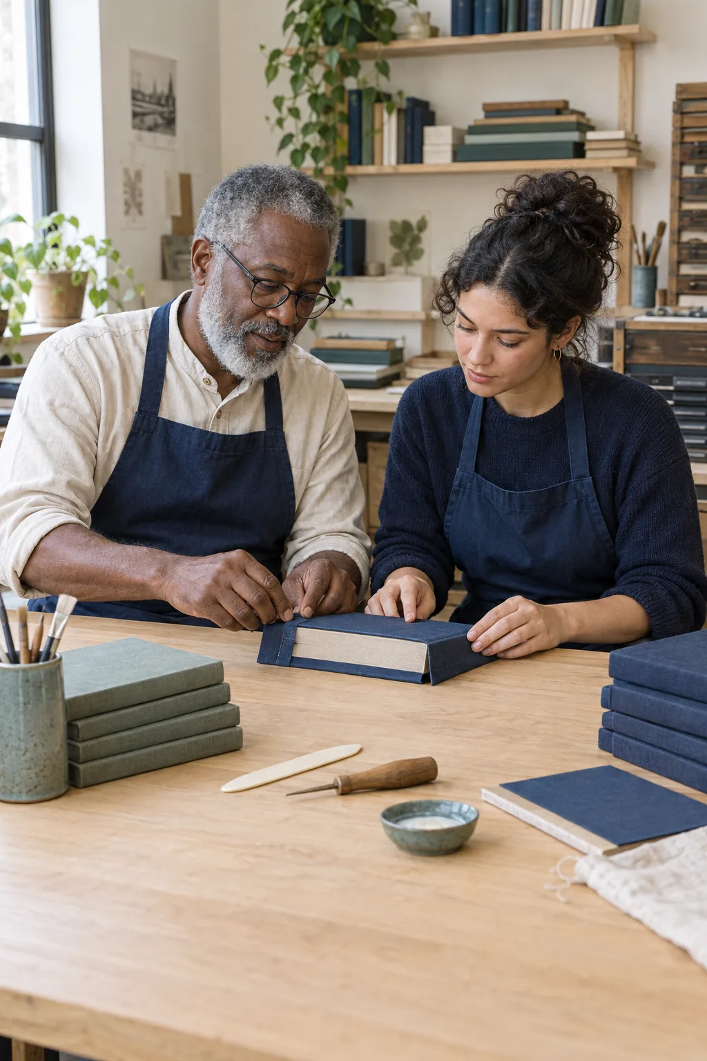An experienced bookbinder showing a younger colleague how to finish a book cover
