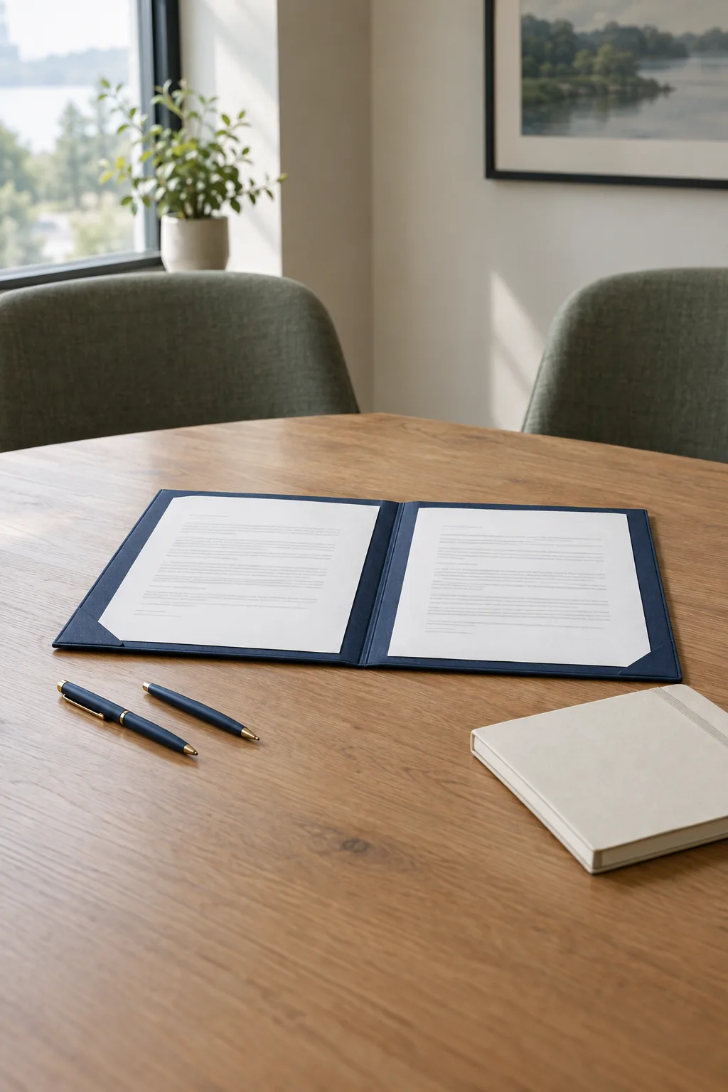 An open agreement folder and pens on a meeting table
