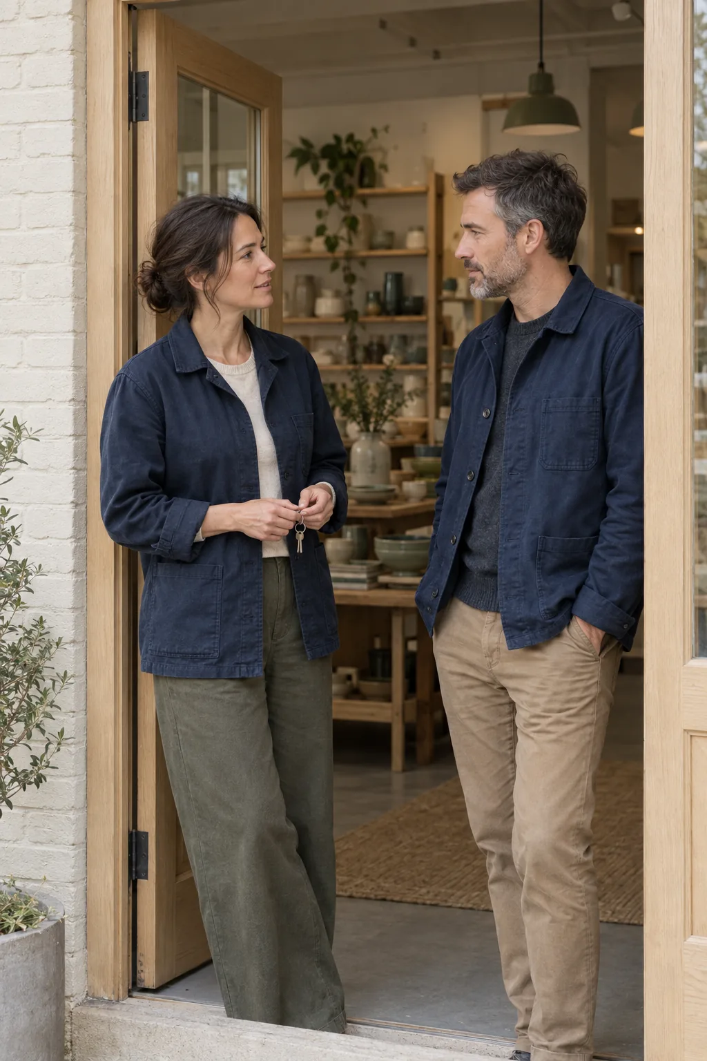 Business co-owners talking at the doorway of their shop