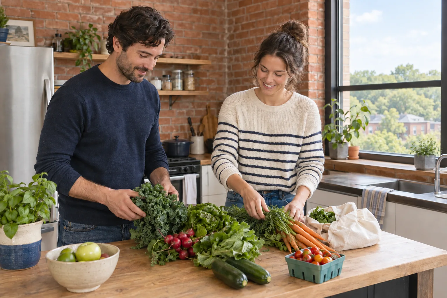 A couple preparing fresh market vegetables in their kitchen