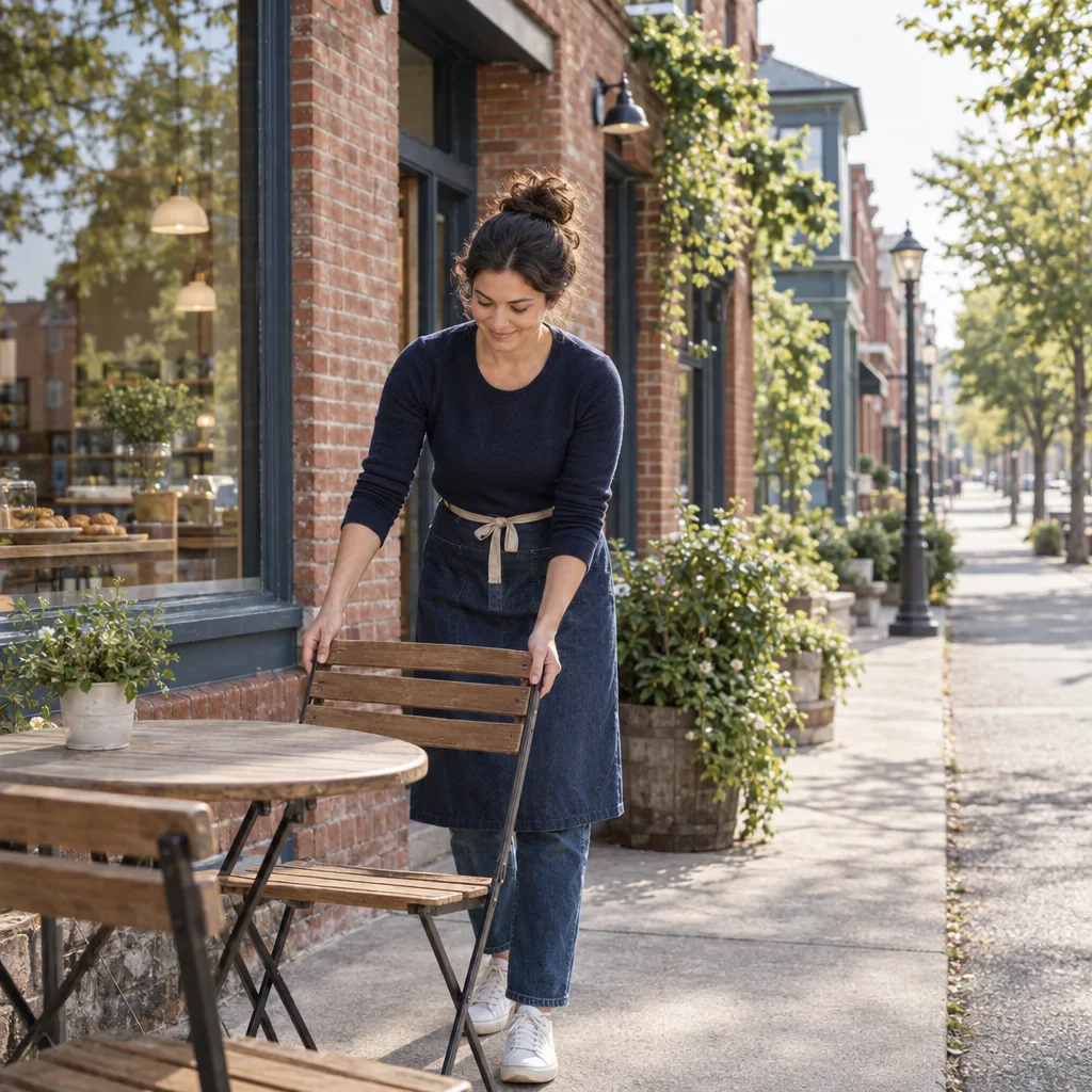 A cafe owner arranging outdoor seating beside her brick storefront