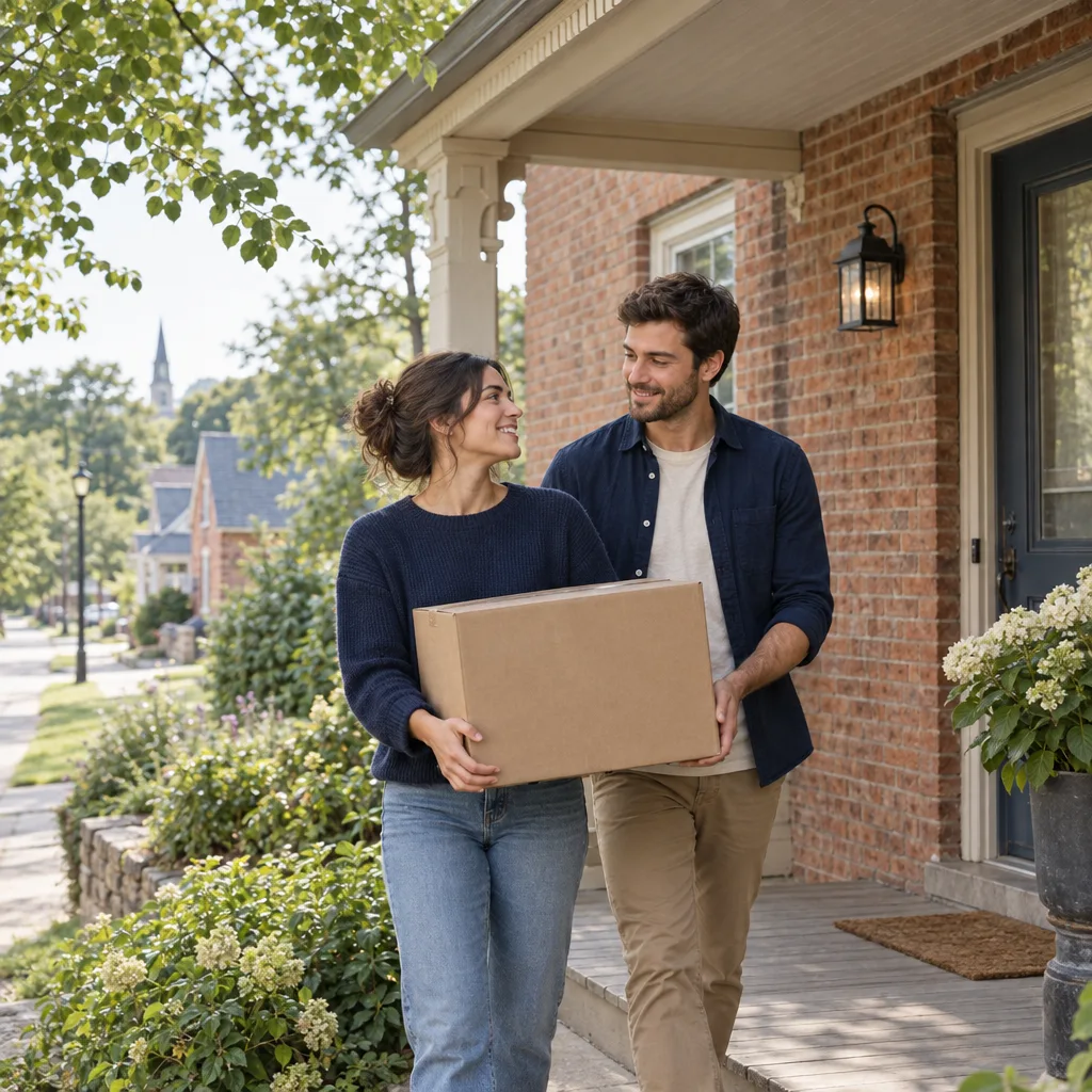 A couple carrying a moving box onto a brick home porch