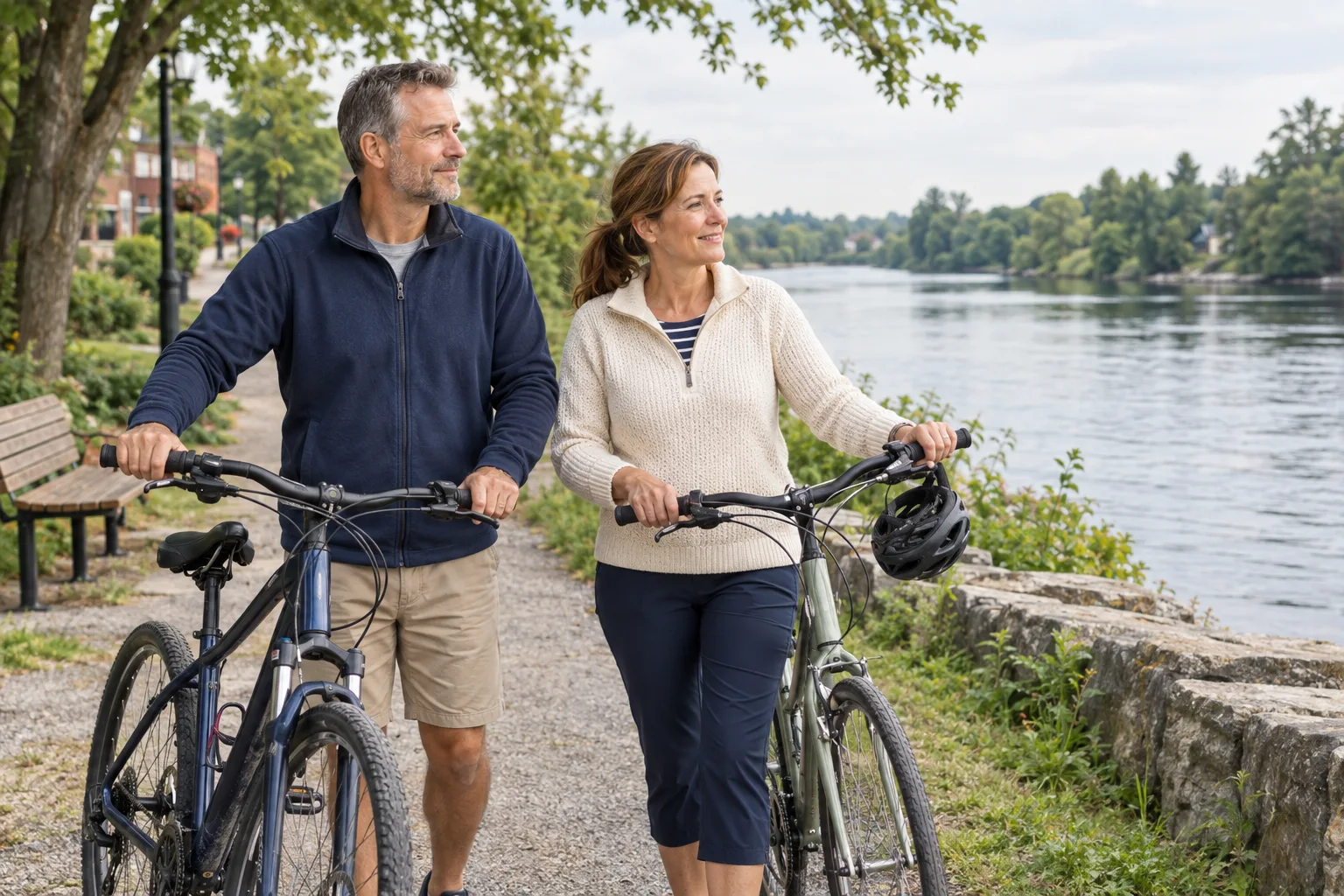 A couple pausing with bicycles beside a tree-lined riverbank