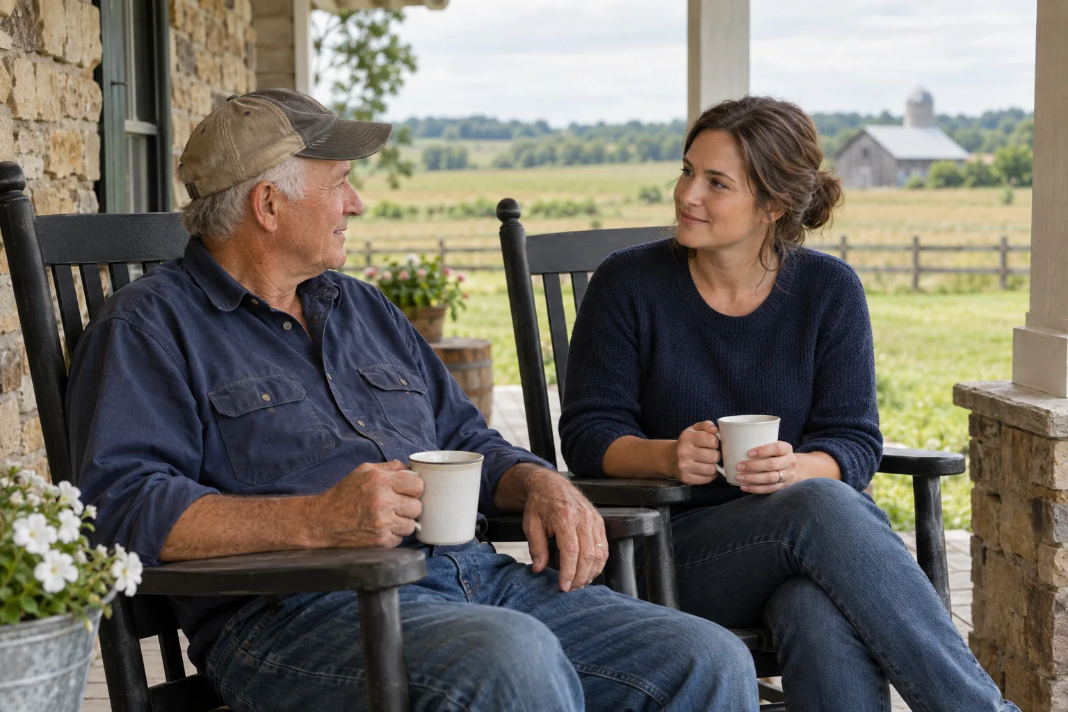 An older farmer and adult daughter talking on a farmhouse porch
