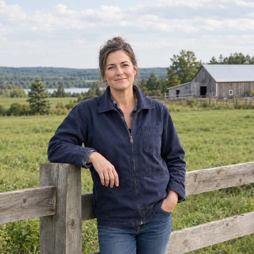 A farm owner beside a wooden fence overlooking fields and a barn
