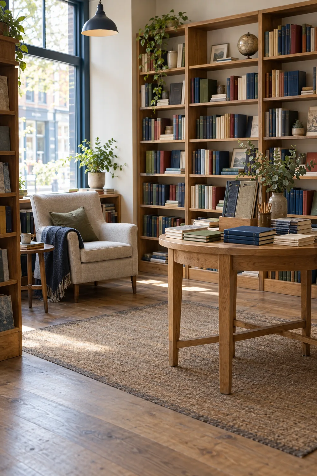 Bookshelves, display tables and a reading chair inside an independent bookshop
