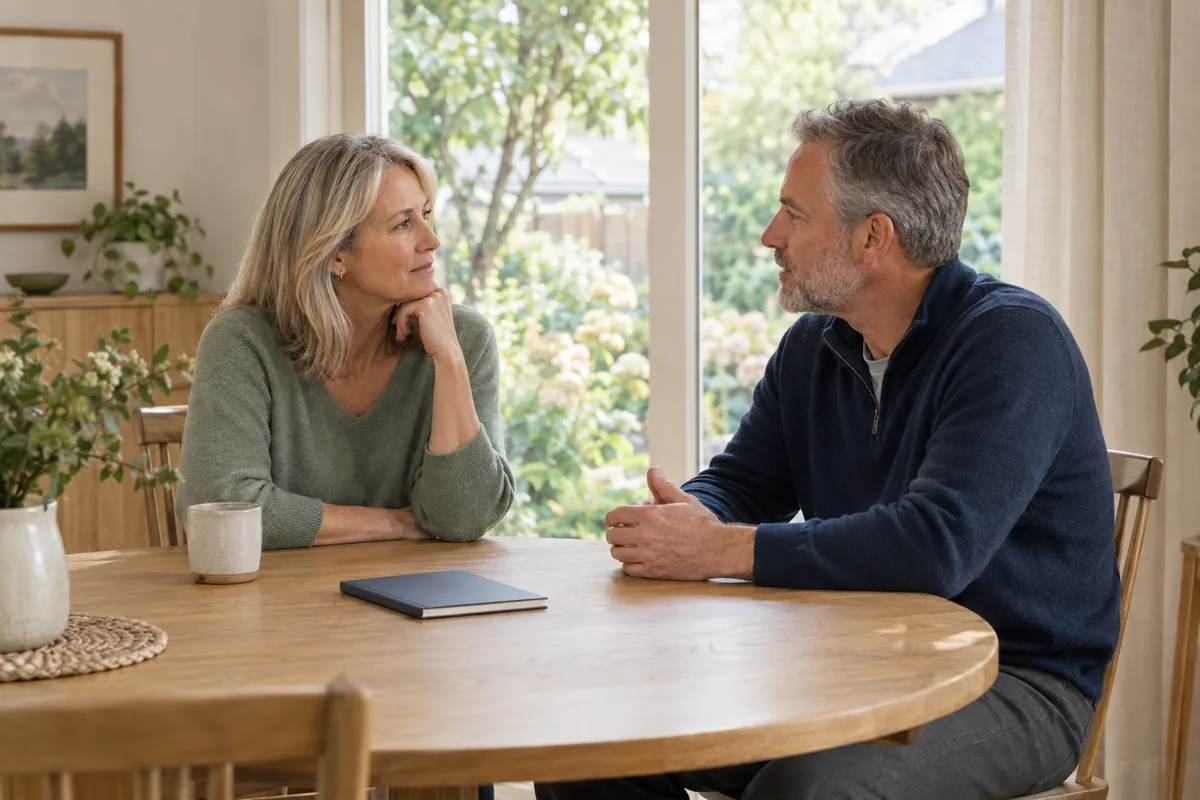 A couple talking together at their dining table