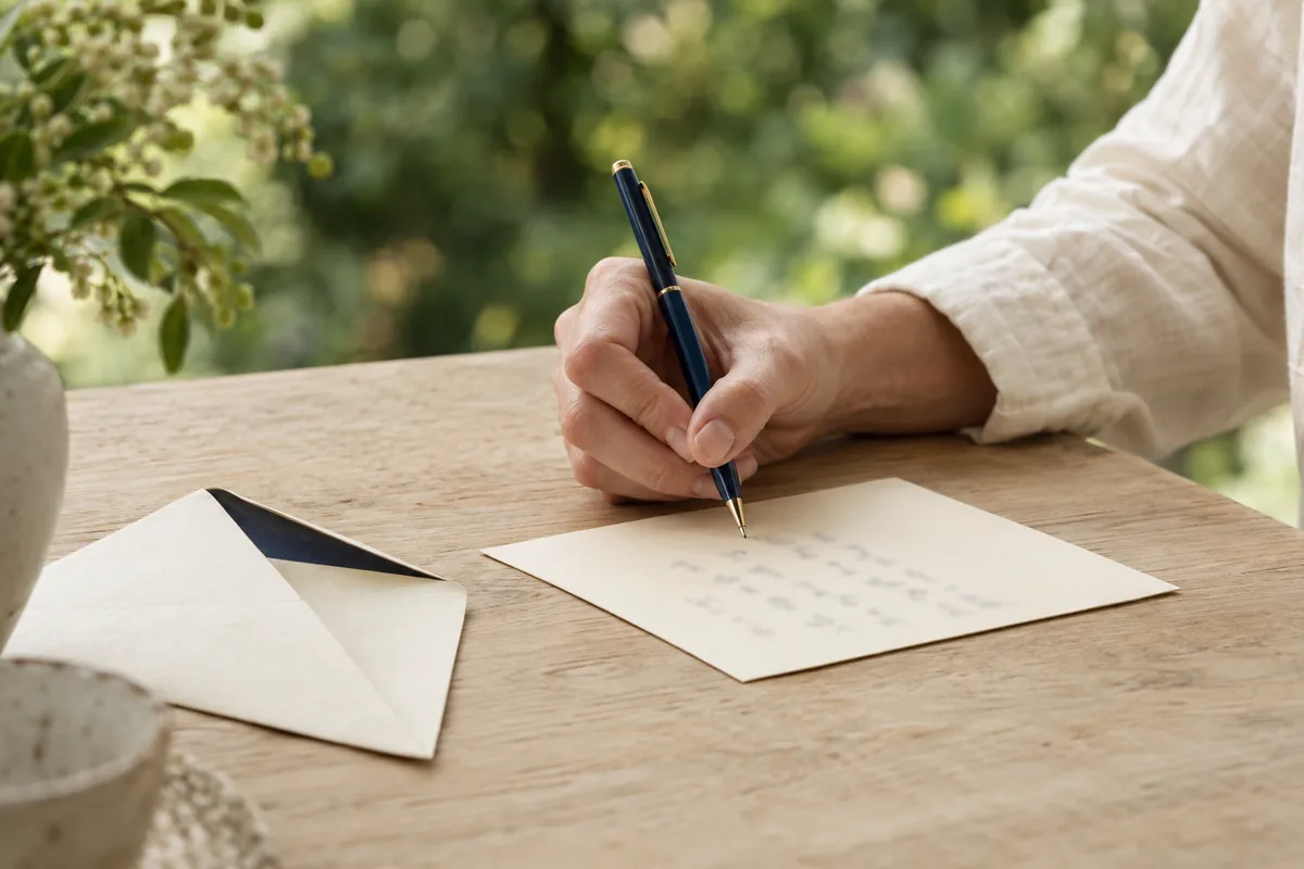 A hand writing a note beside a cream envelope