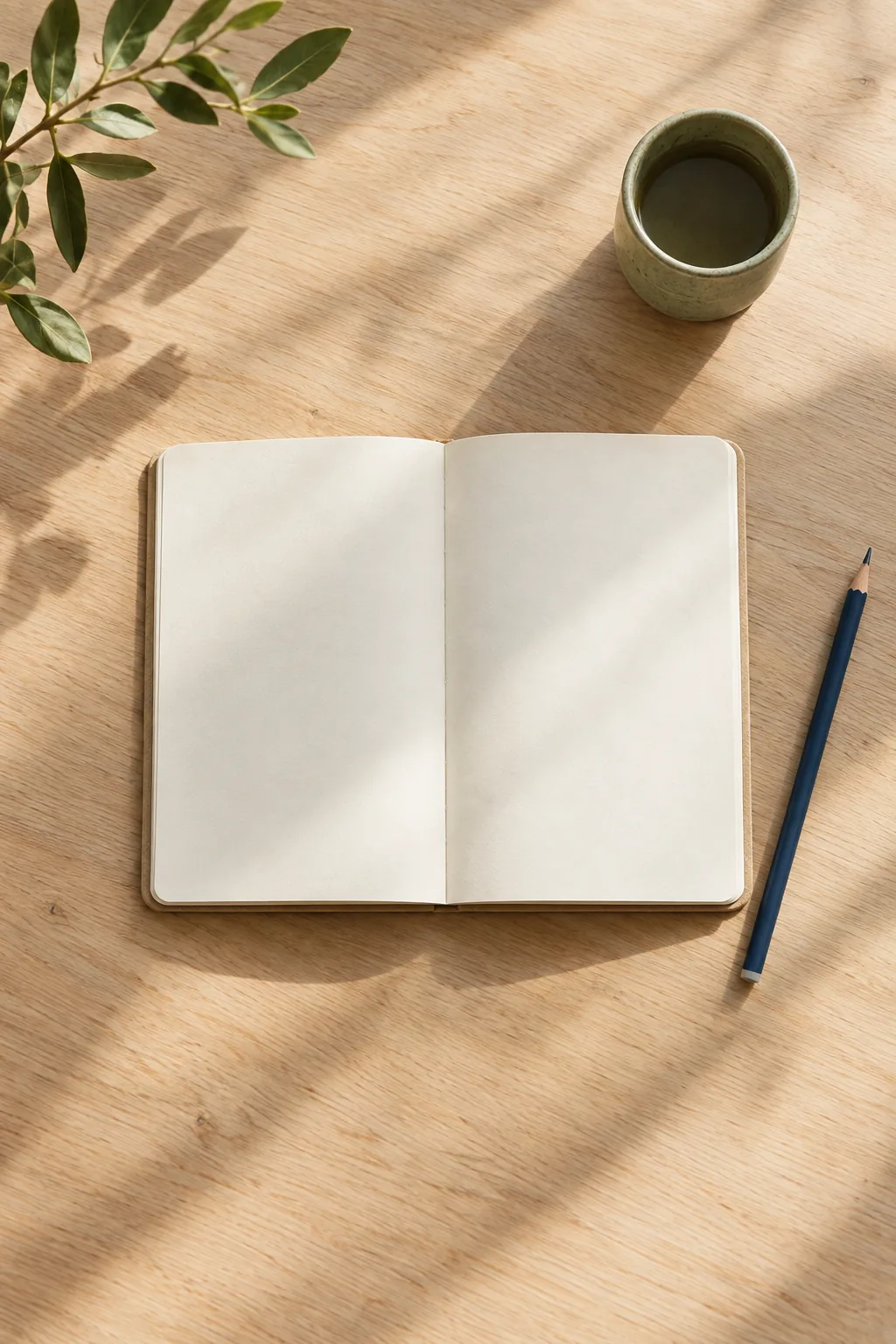 An open notebook and pencil on a sunlit table
