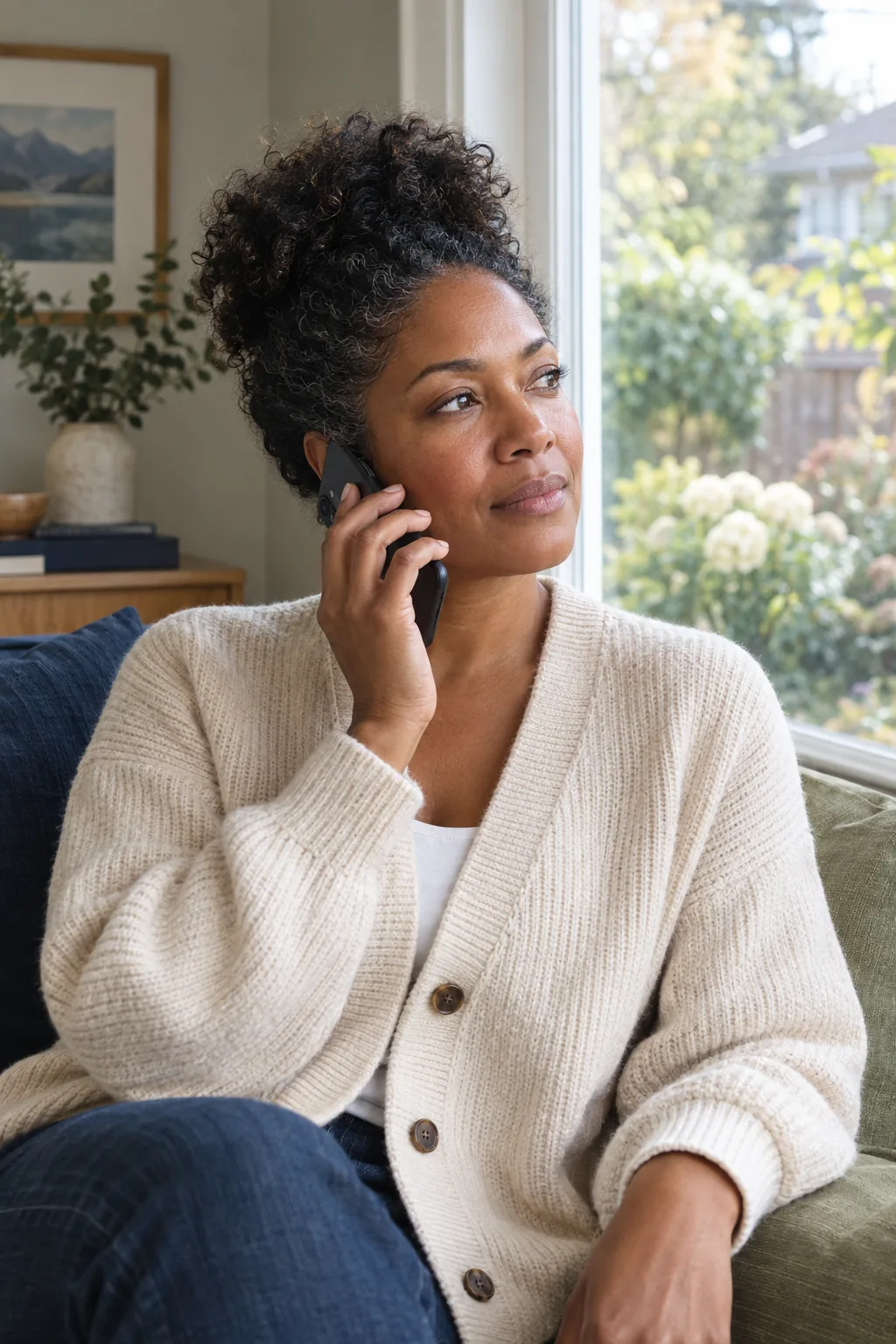 A woman taking a phone call beside a window at home