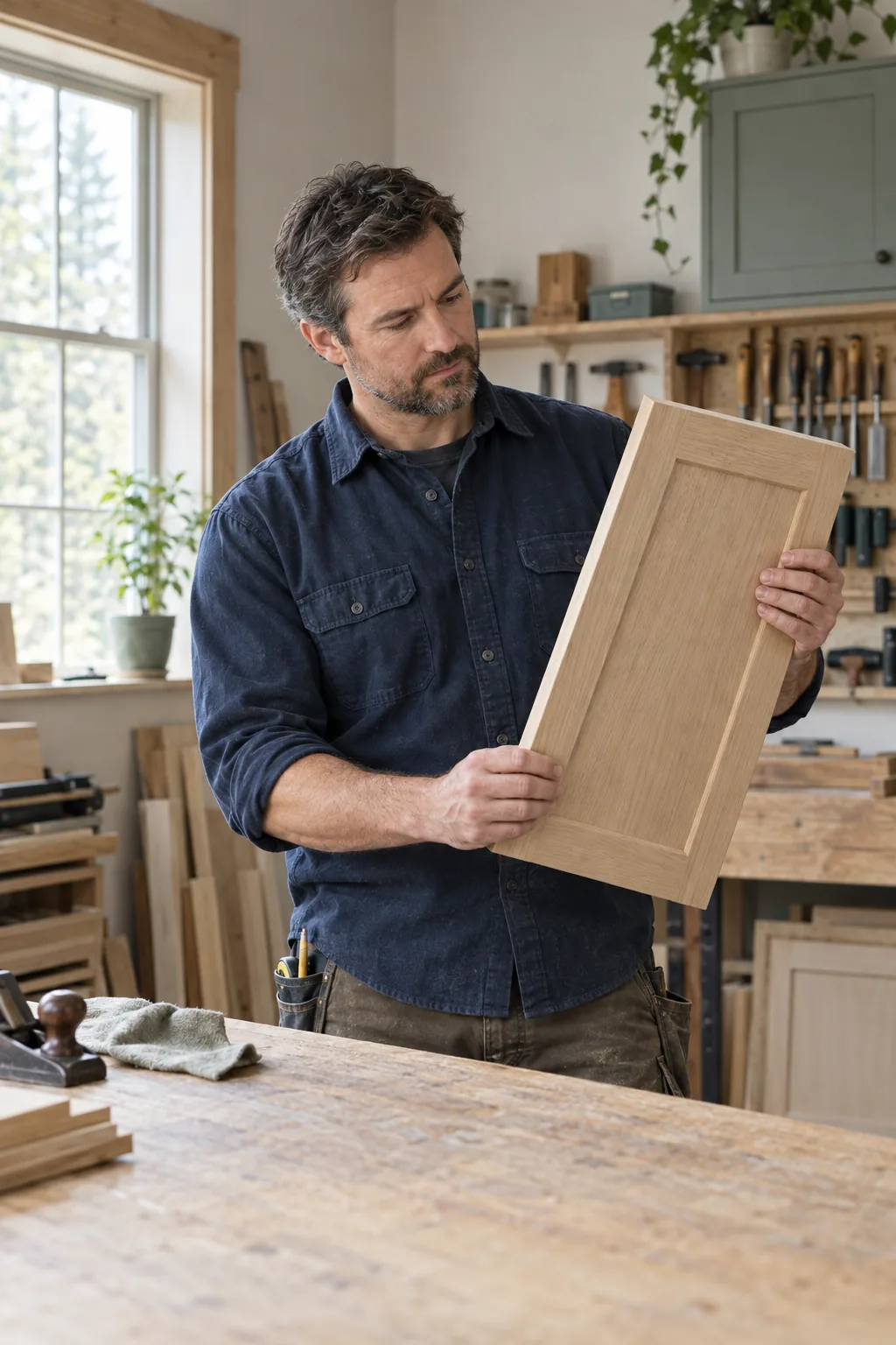 A skilled carpenter examining a finished cabinet door in his workshop