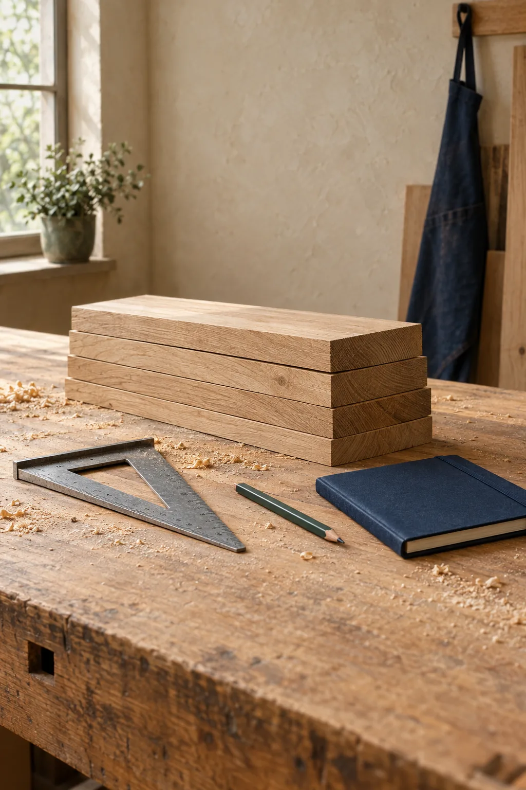 Timber, measuring tools and a notebook prepared on a workbench