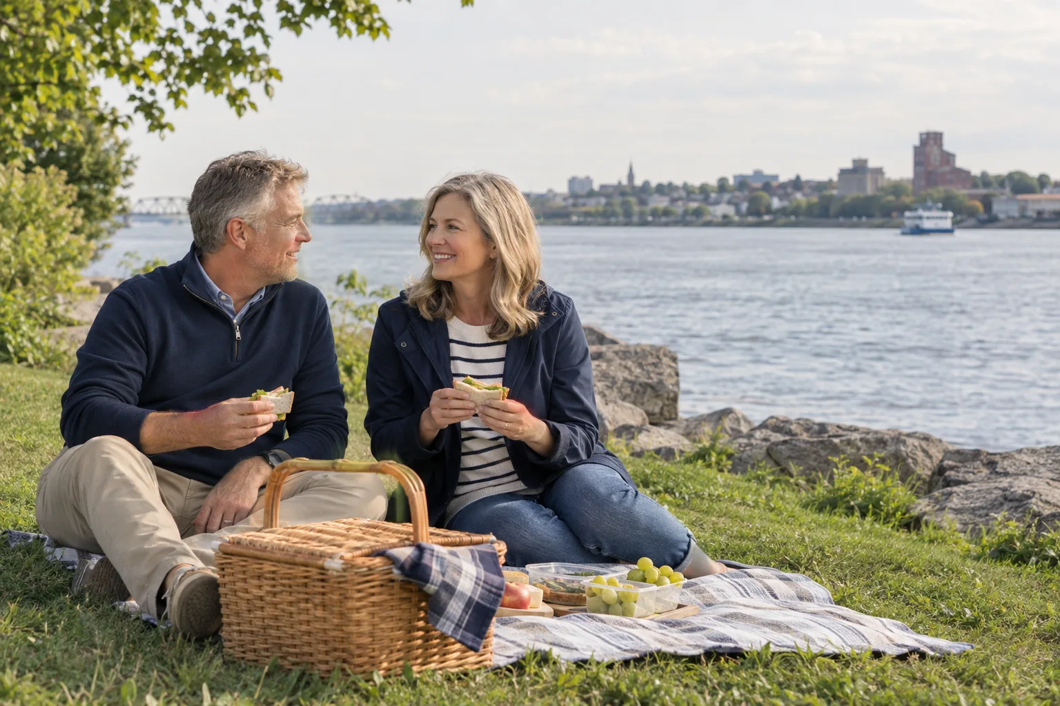 A couple sharing a picnic beside the river