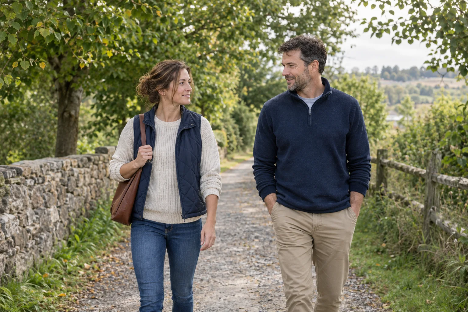 A trades business owner and partner walking along a country path