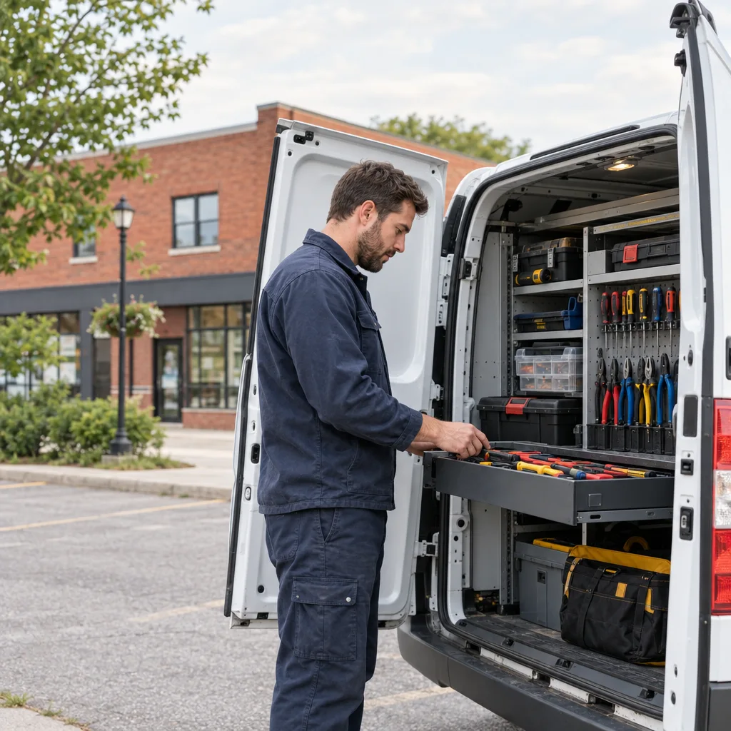 An electrician checking tools in a parked service van
