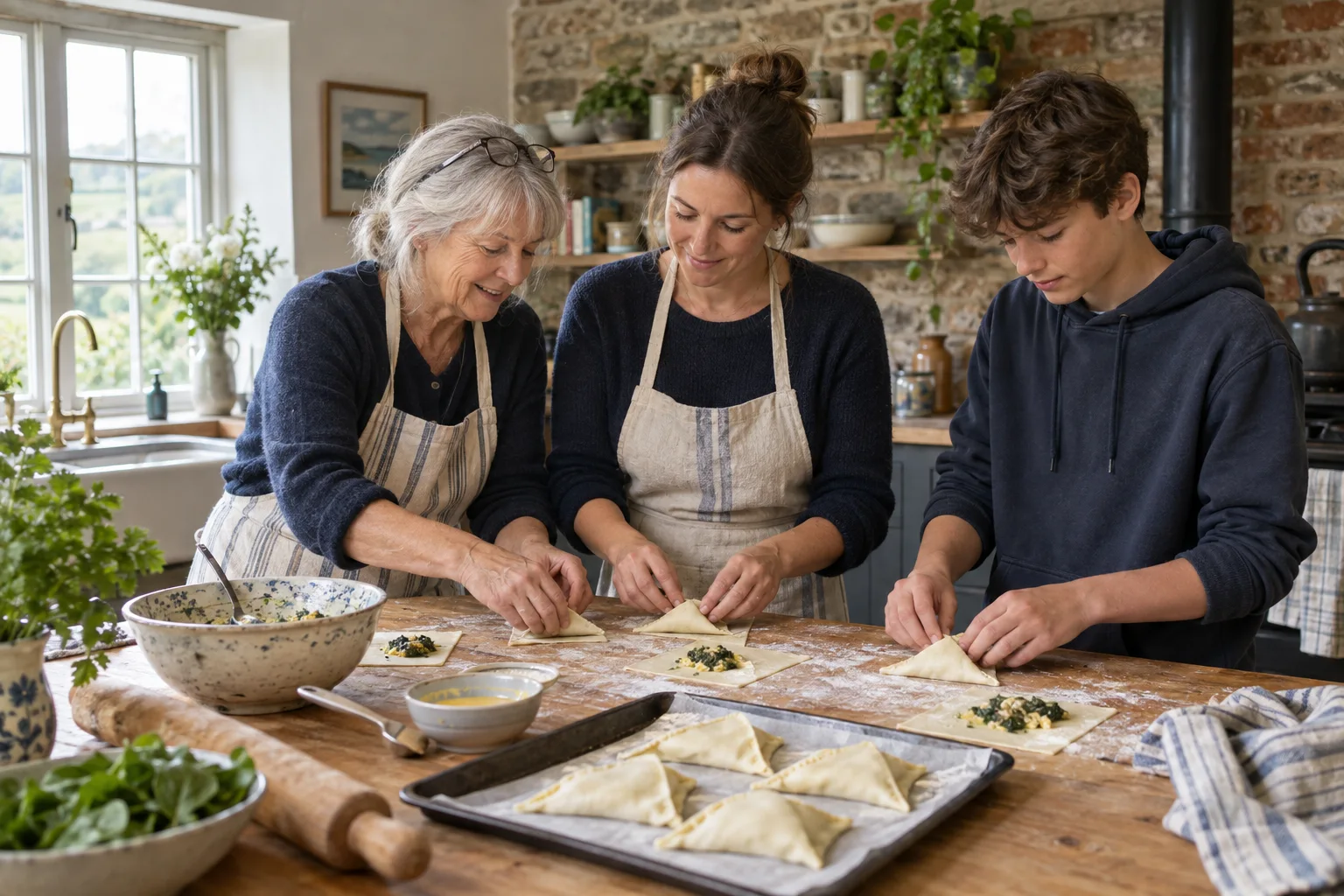 Three generations preparing pastries together in a family kitchen