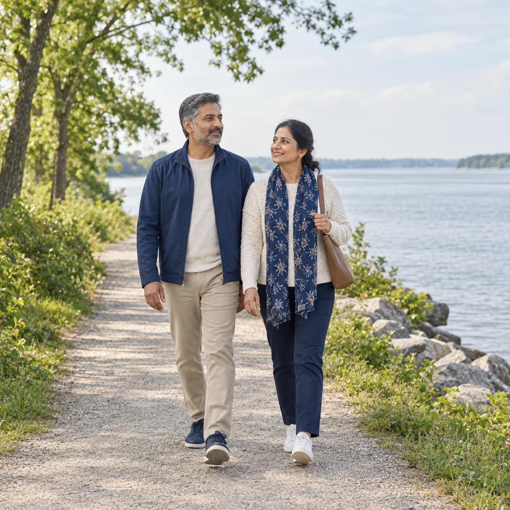 A mature couple walking beside broad river water