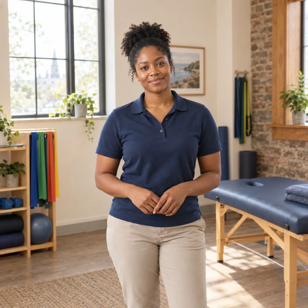 A physiotherapist in a sunlit rehabilitation room