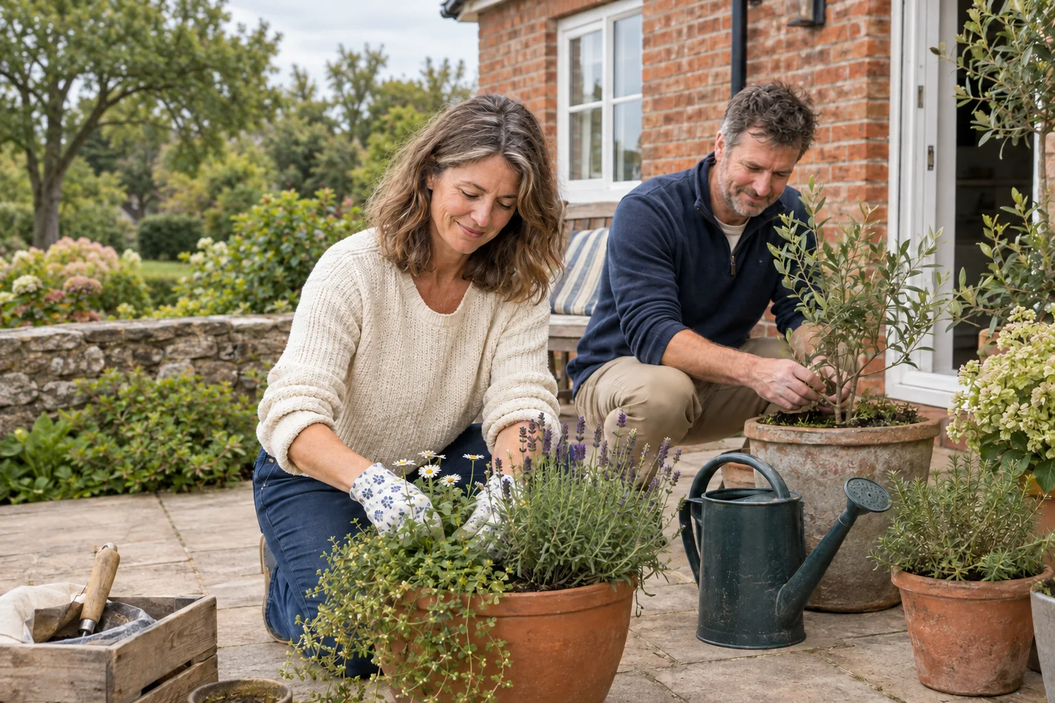 A couple tending potted flowers on their home patio